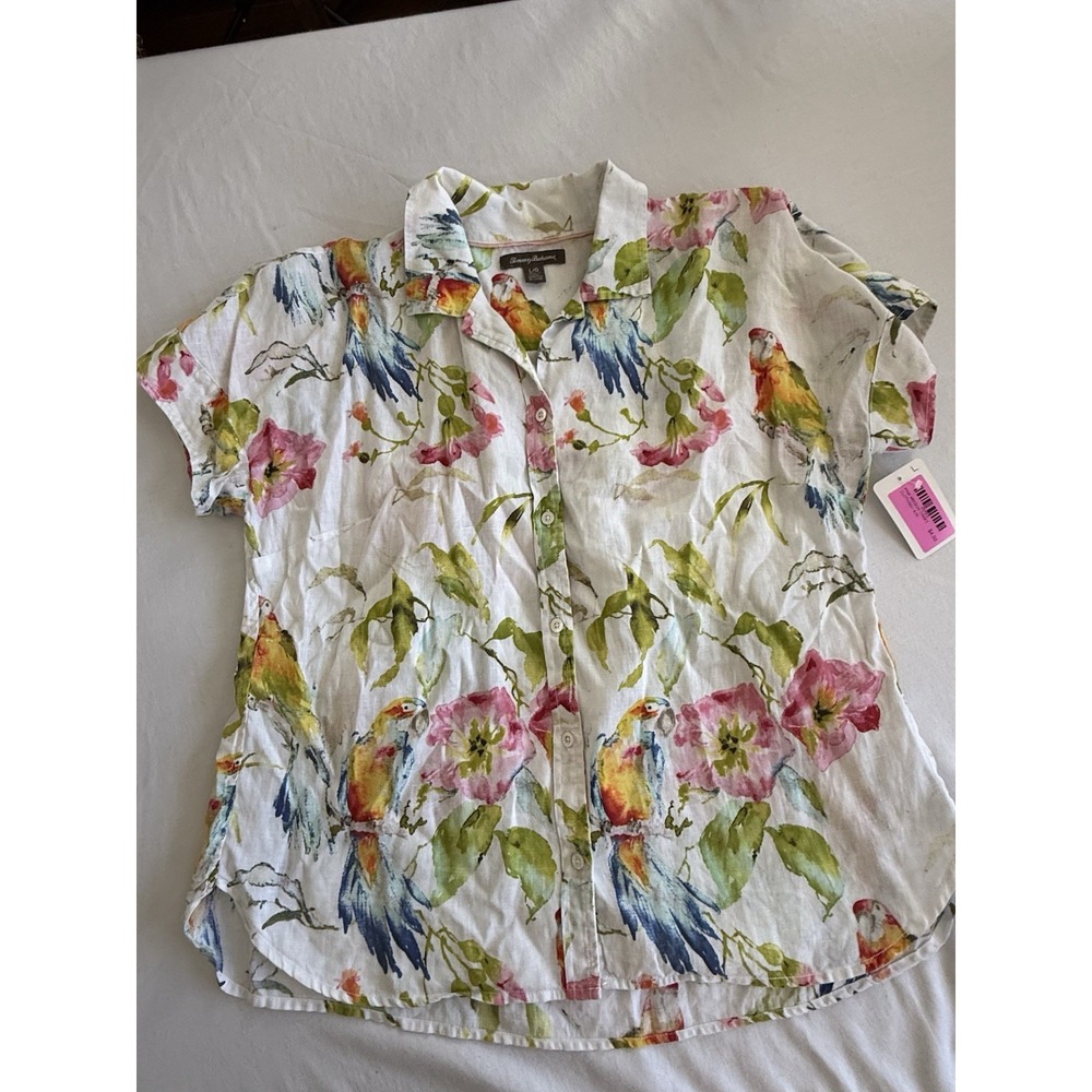 Tommy Bahama Womens Floral Parrot Blouse Large Button Down Short Sleeve Silk